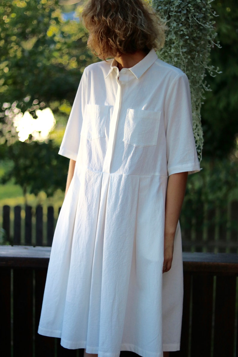 White Cotton Shirt Dress / Pleated Skirt Dress / OFFON CLOTHING image 4