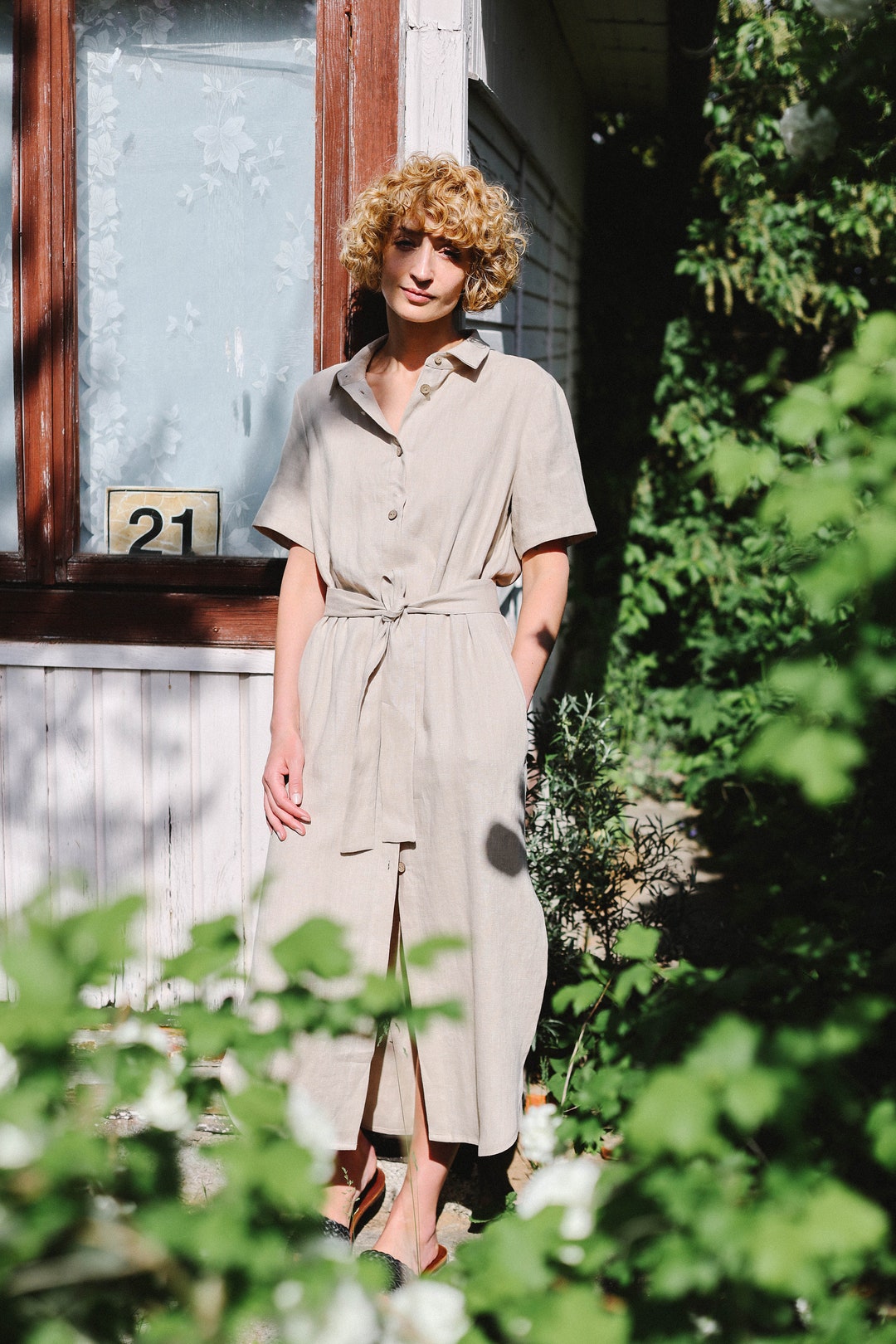 sachin and babi light blue dress Linen Shirt Dress with Tie Belt / OFFON Clothing