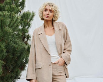Oversized gevoerde blazer met wijde pijpen in zandkleur - OFFON CLOTHING
