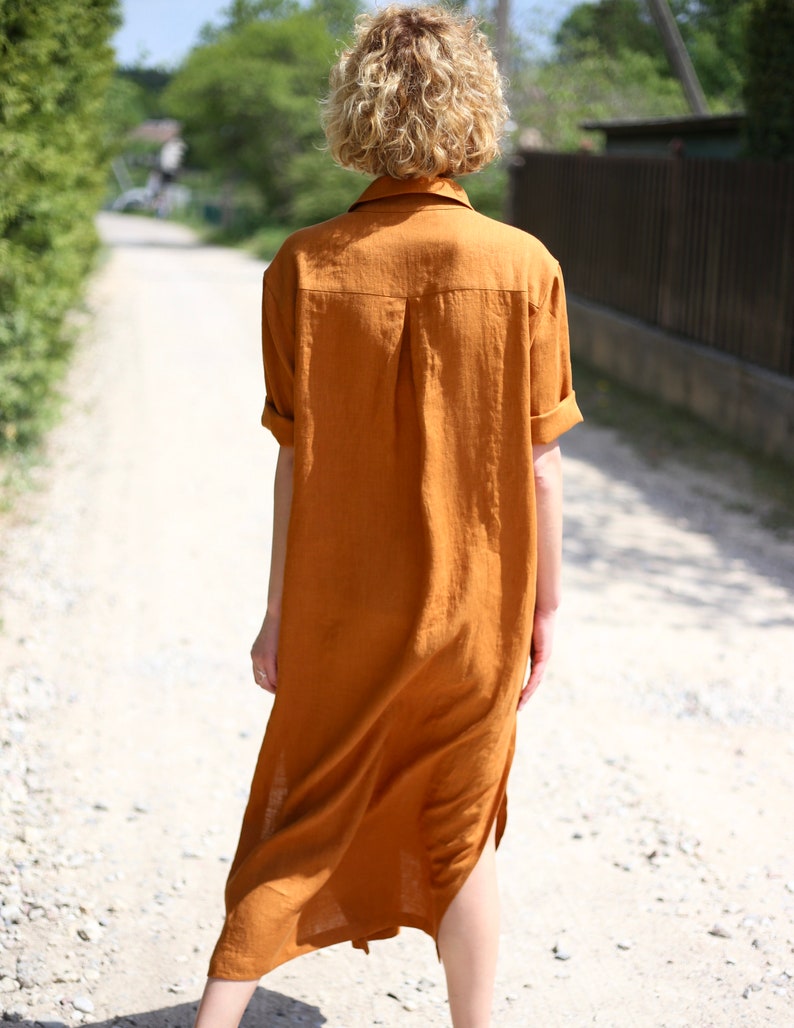 Oversize linen shirt dress in meerkat color / Handmade by OFFON CLOTHING image 4