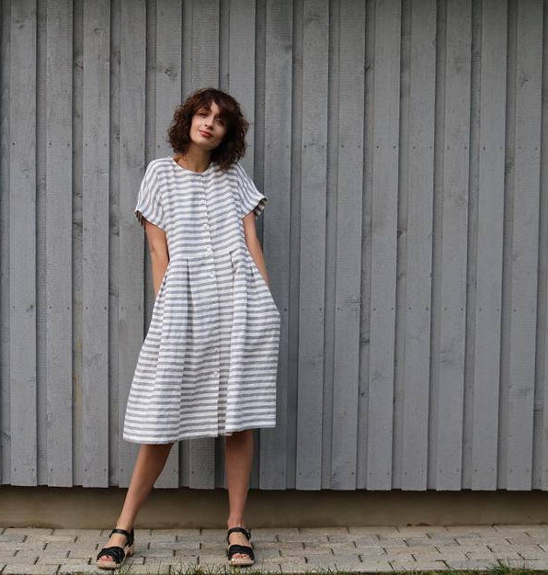 Short Sleeve Striped Linen Dress/button up Dress/handmade by OFFON - Etsy