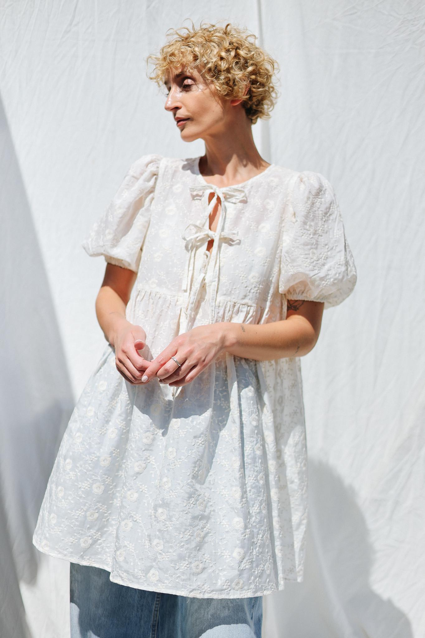 Puffy Sleeves Babydoll Dress in Ivory Embroidered Silk and Cotton • OFFON CLOTHING