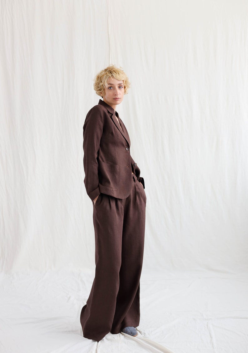 Elegant linen two pieces suit / Blazer and palazzo trousers linen set OFFON Clothing zdjęcie 2