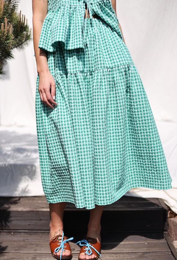 【BAON】Gentew seersucker check pocket banding long skirt Ganni Seersucker Check Long Pocket Skirt Blue | BSTN Store