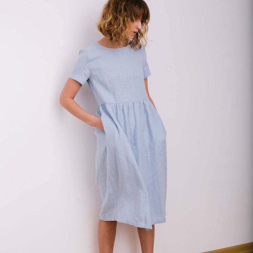 pale blue short sleeve dress Light Satin Party This sky biue color midi dress makes for a trendy casual daywear outfit Zyra Short Sleeve Collared Bodycon