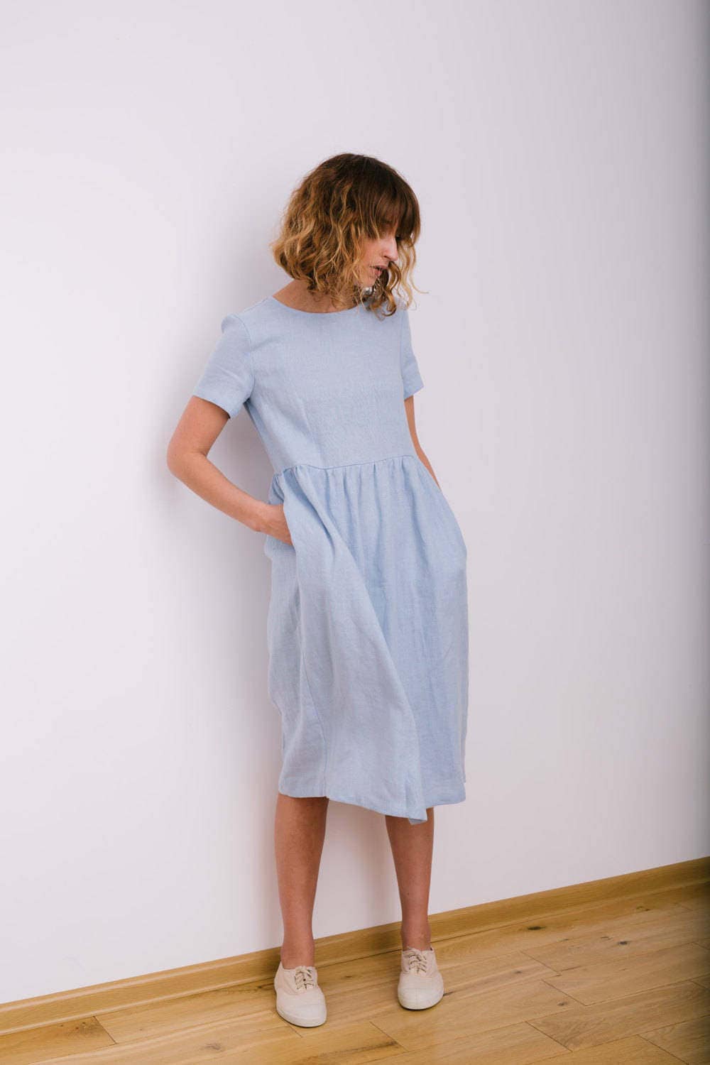 Linen Loose Dress in Sky Blue Short ...