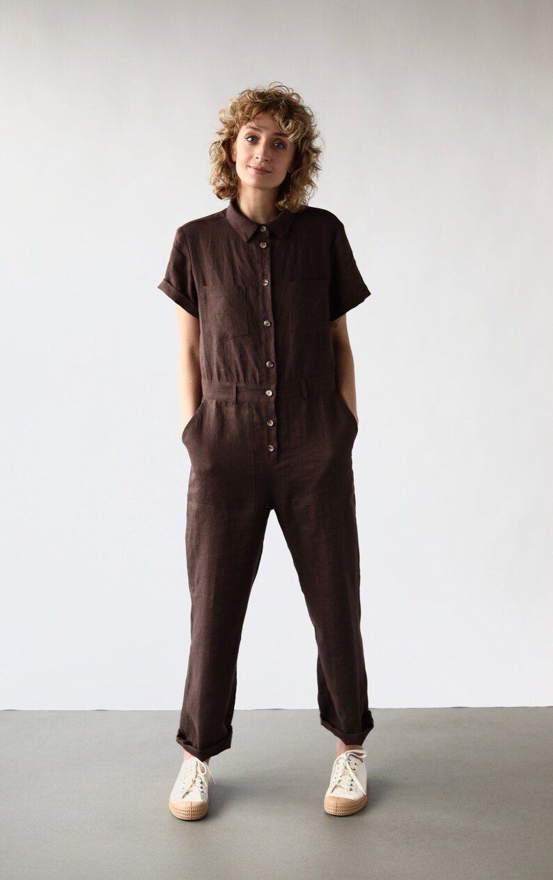 Linen short sleeve coverall jumpsuit / OFFON CLOTHING zdjęcie 2