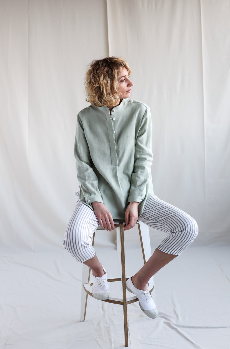 Linen cropped leg trousers in stripes. Handmade by OFFON image 3