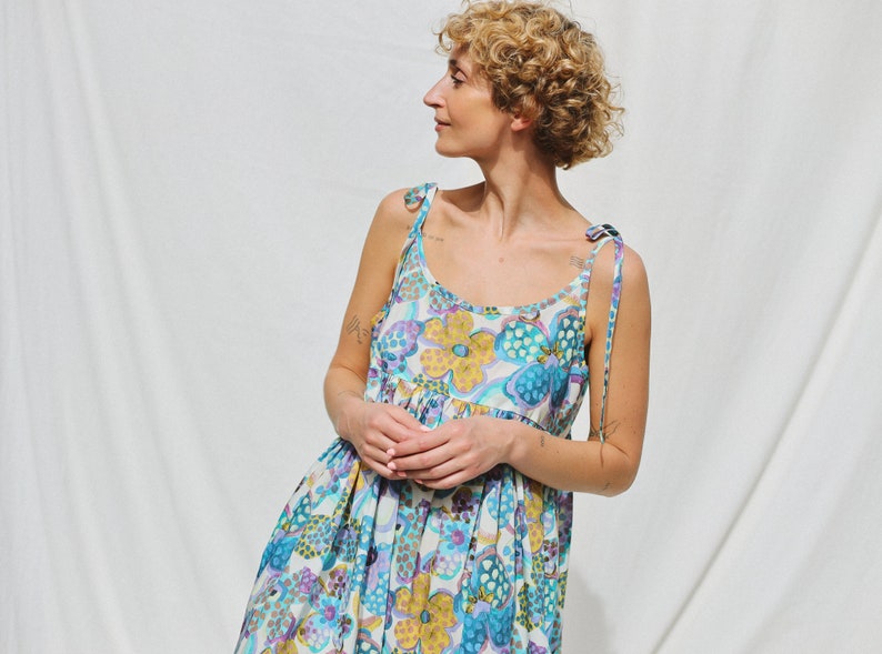 Loose tie strap sundress in floral silky cotton Handmade by OFFON Clothing image 8
