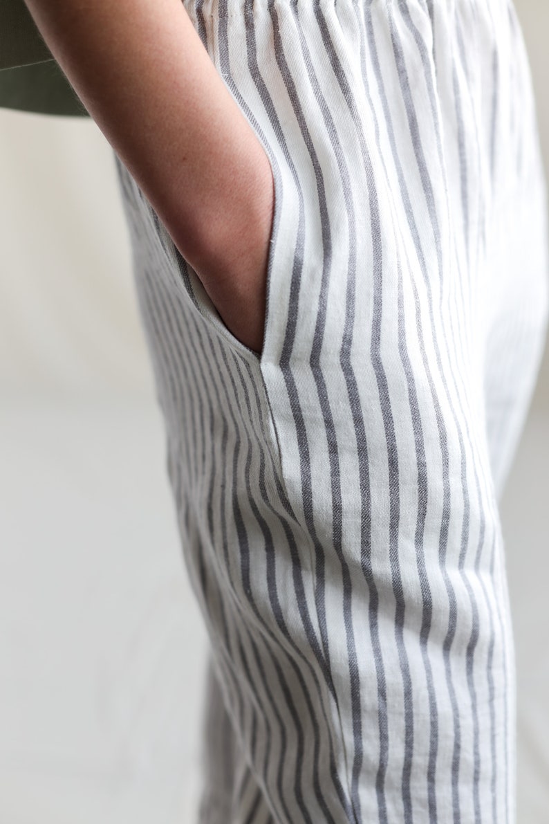 Linen cropped leg trousers in stripes. Handmade by OFFON Clothing image 8