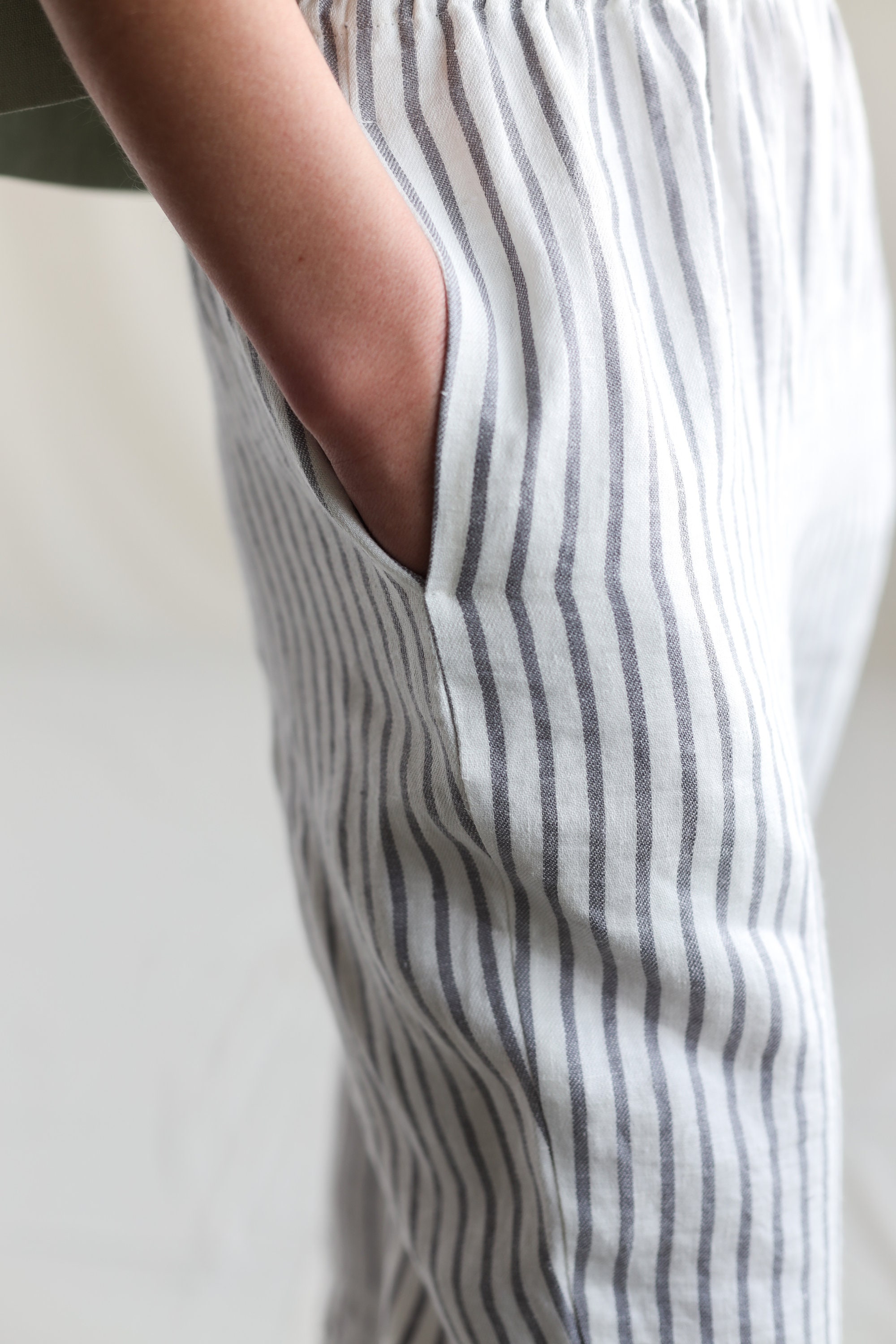 Cropped Linen Pants in Stripes / Linen Trousers / Classic Women Linen Pants  / OFFON CLOTHING -  Canada