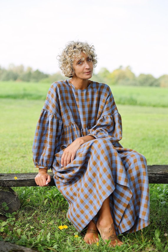 Oversized Linen Dress GRETA in Bluebonnet Checks - Handmade by OFFON CLOTHING