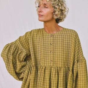 Oversized drop shoulder linen dress GRETA in mustard yellow checks • OFFON CLOTHING