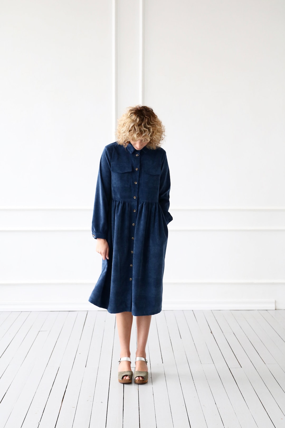Needlecord A-line Shirt Dress in Navy Blue / OFFON CLOTHING - Etsy UK