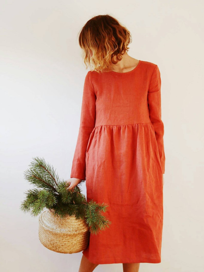 Linen Dress Burnt Orange Linen Dress Long Sleeved Dress Etsy UK