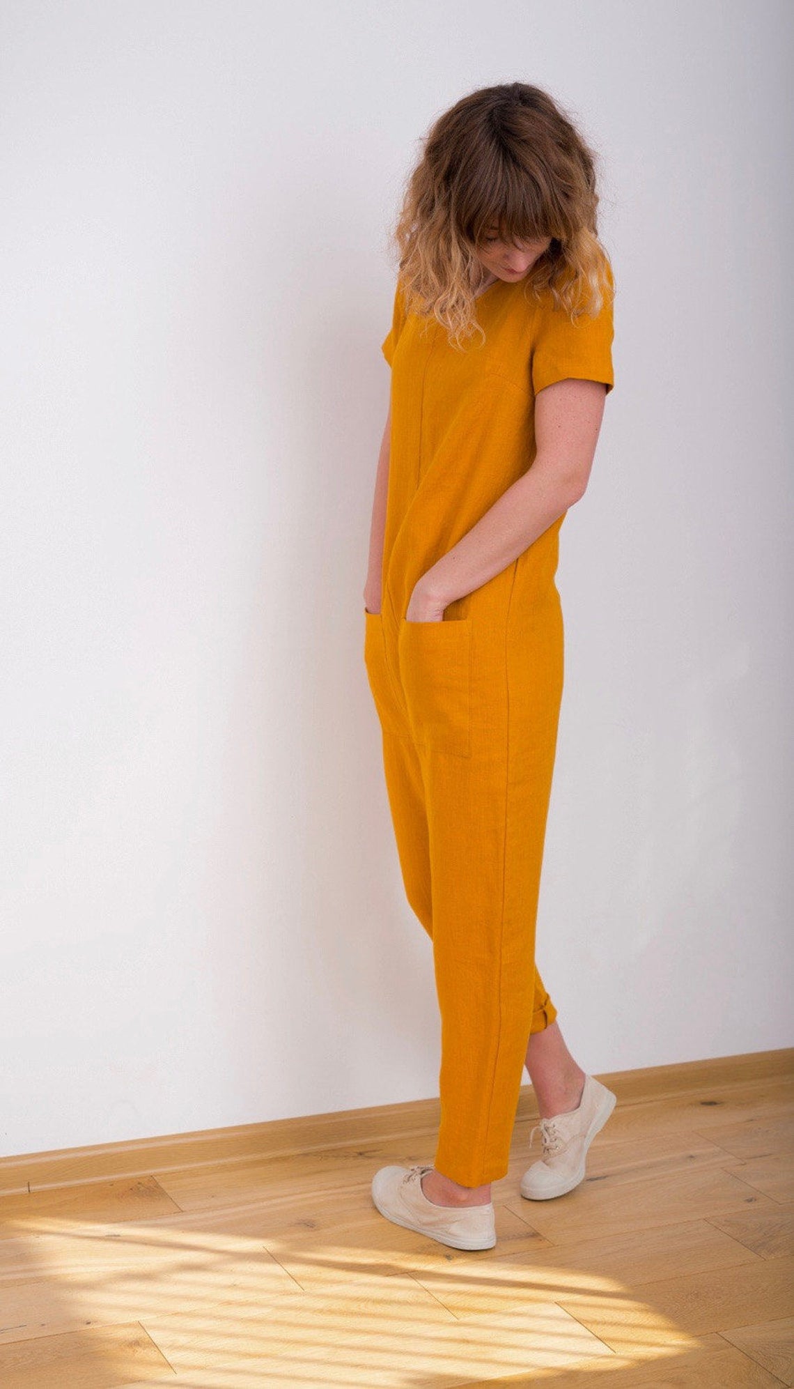 Linen Jumpsuit Mustard Jumpsuit Short Sleeve Jumpsuit Etsy