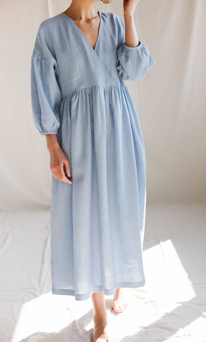 Linen V-neck puffy sleeve dress / OFFON CLOTHING image 7