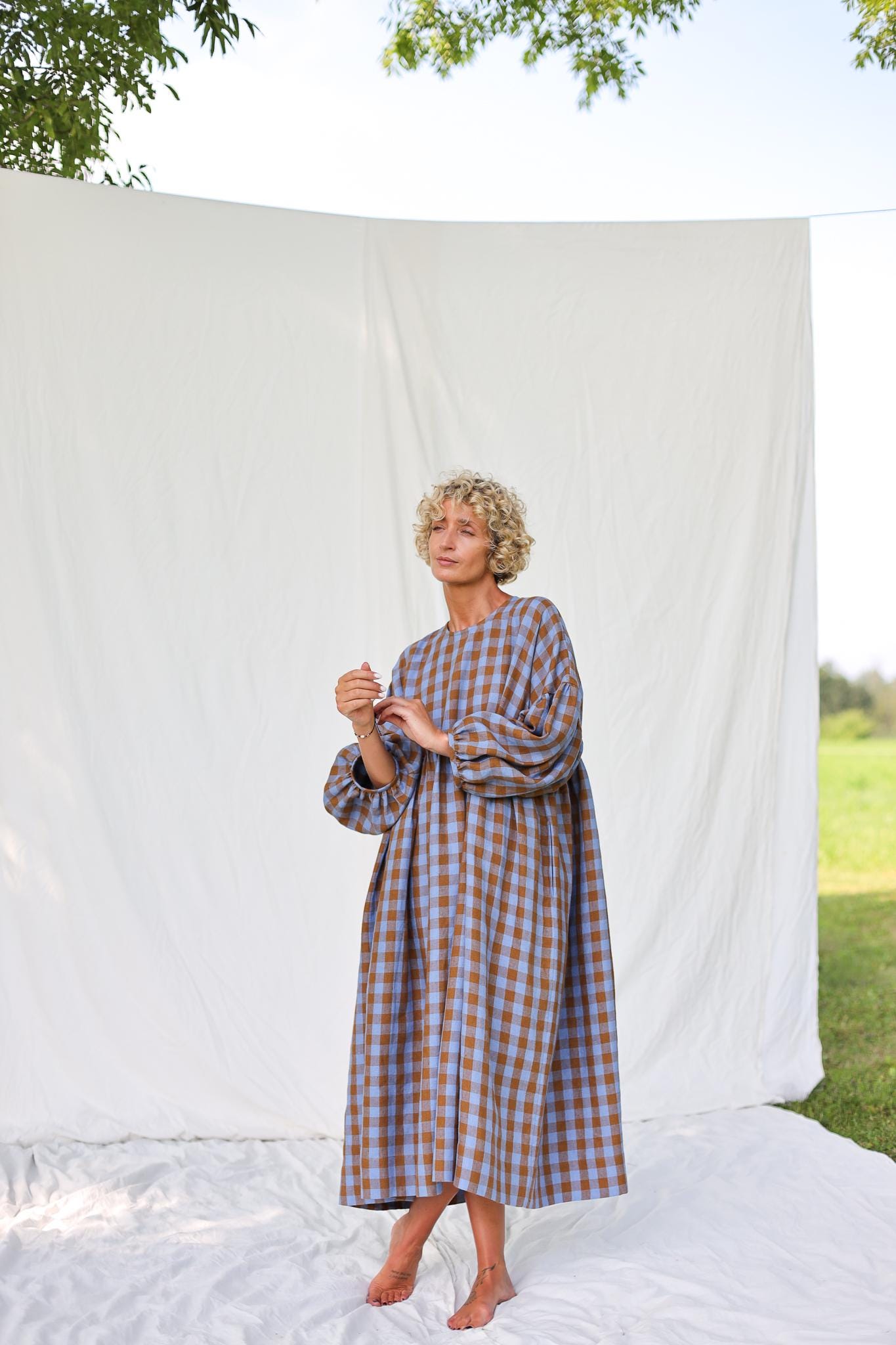 Oversized Linen Dress GRETA in Bluebonnet Checks - Handmade by