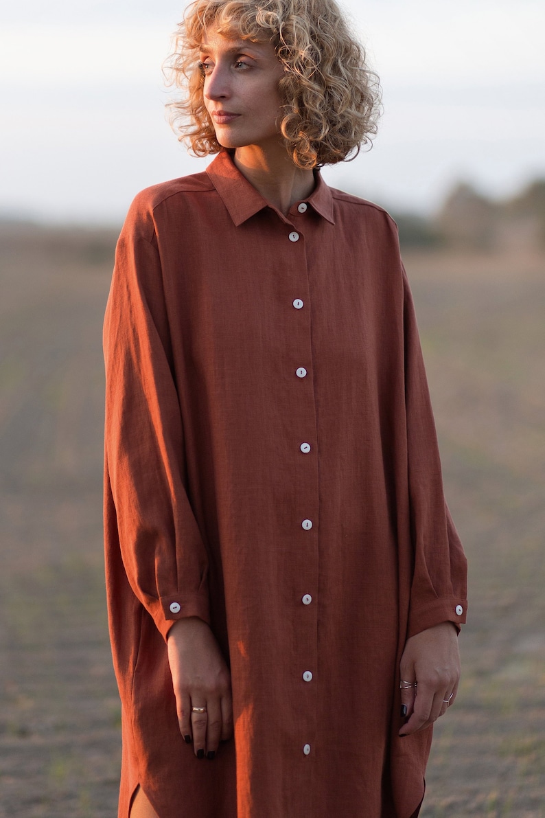 Linen oversized shirt dress / Long sleeve linen shirt dress in redwood / OFFON CLOTHING image 2