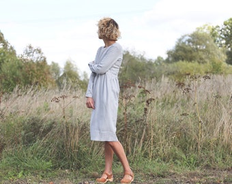 Grey fitted linen dress / Linen long sleeve midi dress / Handmade by OFFON Clothing