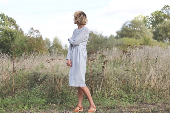 Handmade Grey Linen Midi Dress - Long Sleeve, Ruffled Skirt  display picture 2
