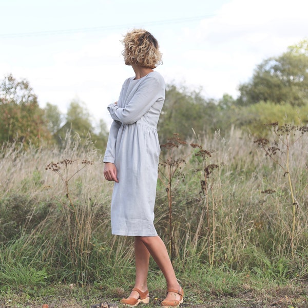 Grey fitted linen dress / Linen long sleeve midi dress / Handmade by OFFON Clothing