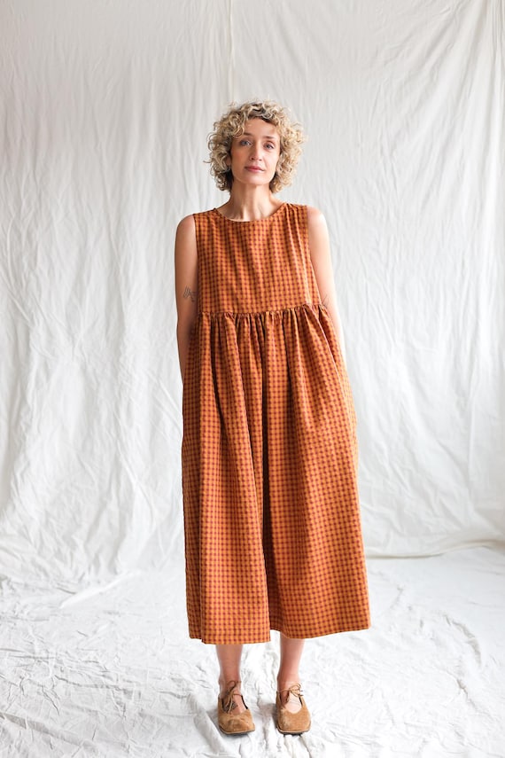 orange smock dress Striped Smocked Midi wiht convenient pockets Peacock Primrose Boho 70s Smock