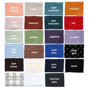 May include: A grid of twenty-four rectangular fabric swatches in various colors and patterns, including apricot, beige, turquoise, mustard, rose, redwood, red, sage, foliage, eggplant, lavender, blue, hazel, black dots, brown, ivory, navy, white, checks, and charcoal.