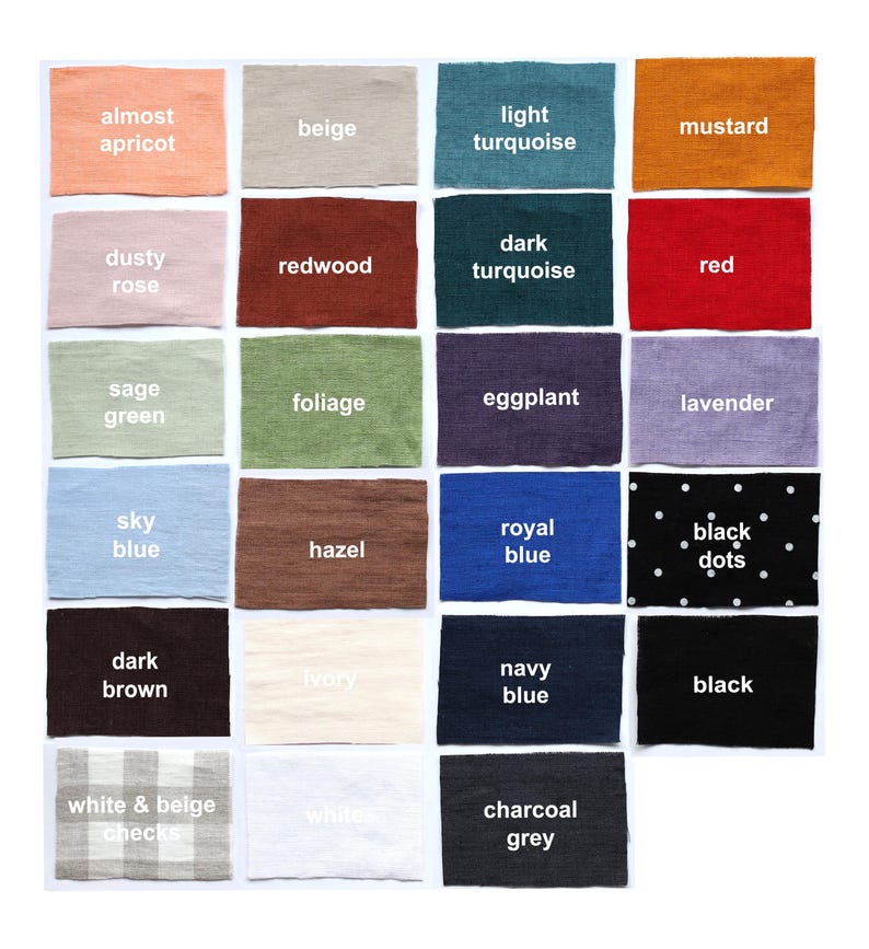 May include: A grid of twenty-four rectangular fabric swatches in various colors and patterns, including apricot, beige, turquoise, mustard, rose, redwood, red, sage, foliage, eggplant, lavender, blue, hazel, black dots, brown, ivory, navy, white, checks, and charcoal.