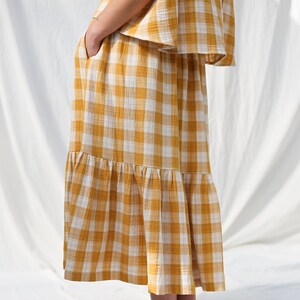 Double gauze mustard checks skirt with elastic waistband OFFON CLOTHING image 6