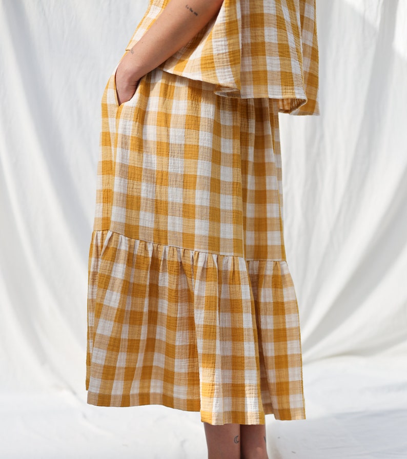 Double gauze mustard checks skirt with elastic waistband OFFON CLOTHING image 6