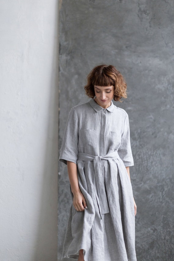 Linen dress/Linen shirt dress/Pleated skirt loose fit linen dress/OFFON  CLOTHING