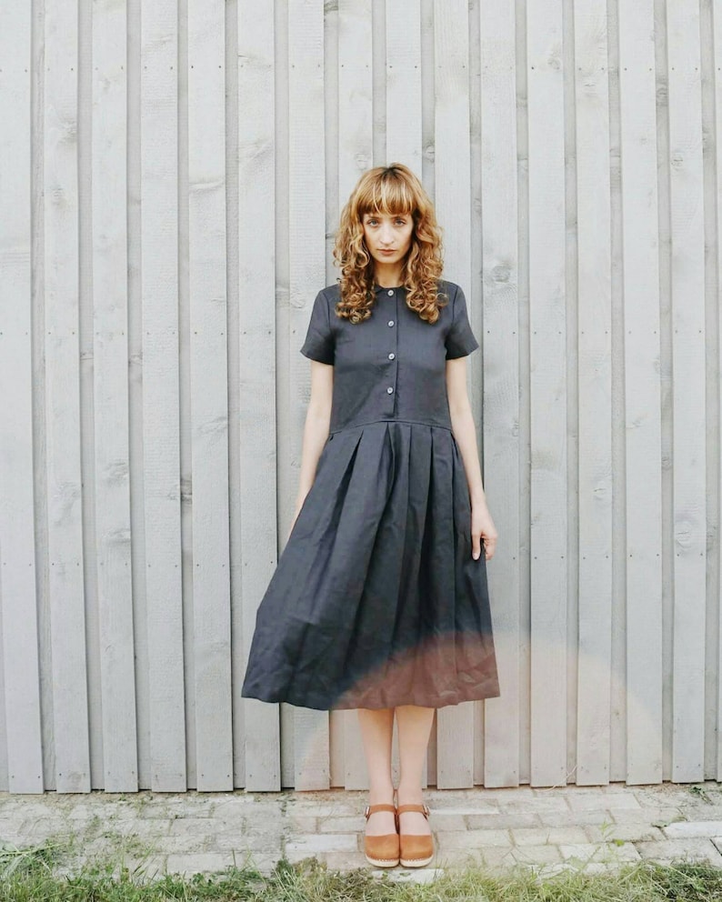 Linen Dress / Maxi Short Sleeve Dress / Organic Linen Shirt Dress - Handmade by OFFON CLOTHING 