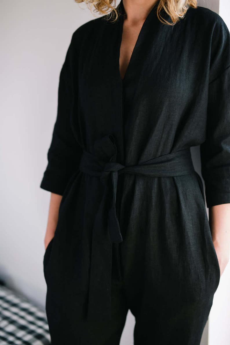 Black Jumpsuit Linen Overall Linen Jumpsuit Linen Romper Women Overall Handmade by OFFON image 3