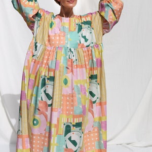 Oversized voluminous sleeves abstract print silky cotton dress GRETA OFFON CLOTHING zdjęcie 6