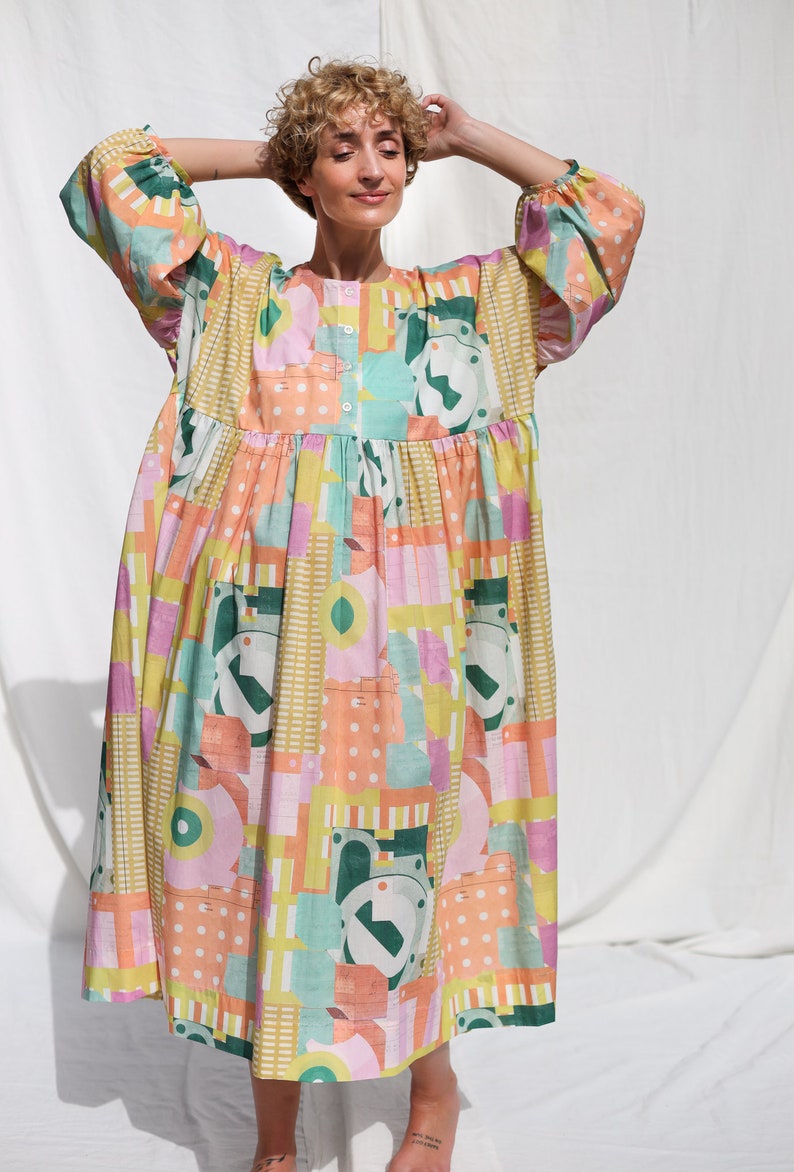 Oversized voluminous sleeves abstract print silky cotton dress GRETA OFFON CLOTHING zdjęcie 6