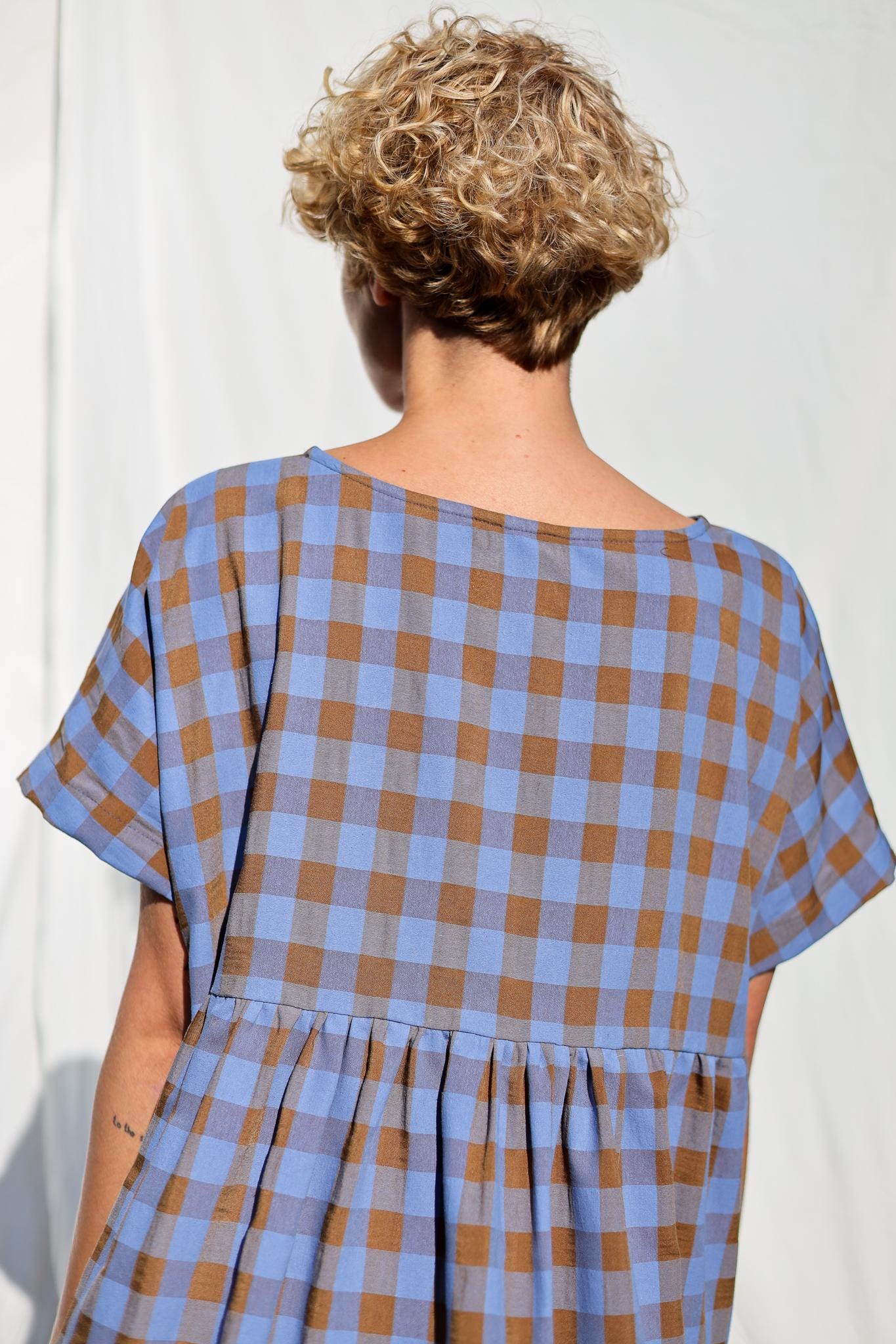 【BAON】Sui Shirring Flare Check Long One Piece Oversized Seersucker Checks Dress SILVINA in Blue Bonnet