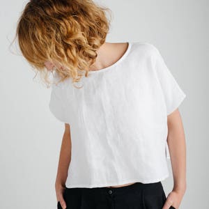 Linen Top White Linen Oversize Fit Top Cropped Hem Top Handmade by OFFON image 6