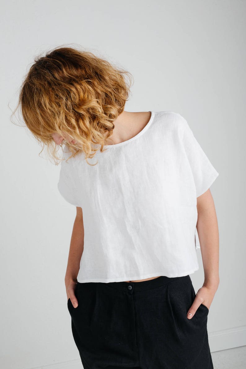 Linen Top White Linen Oversize Fit Top Cropped Hem Top Handmade by OFFON image 6