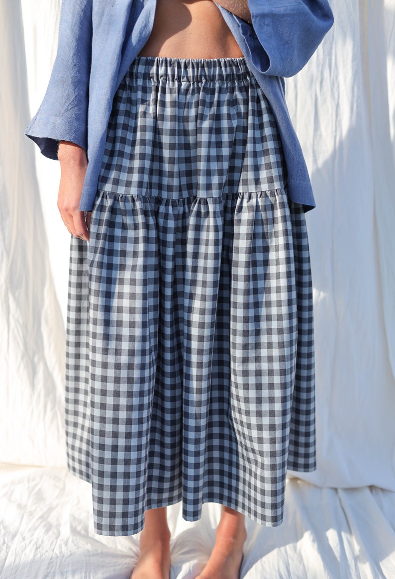 Checkered organic cotton tiered skirt with elasticated waist OFFON CLOTHING image 4