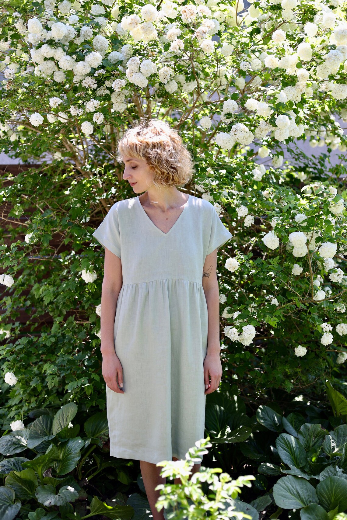 Vneck linen dress in sage green color/OFFON CLOTHING Etsy