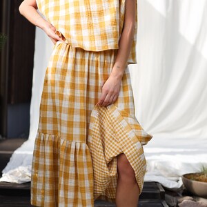 Double gauze mustard checks skirt with elastic waistband OFFON CLOTHING image 5