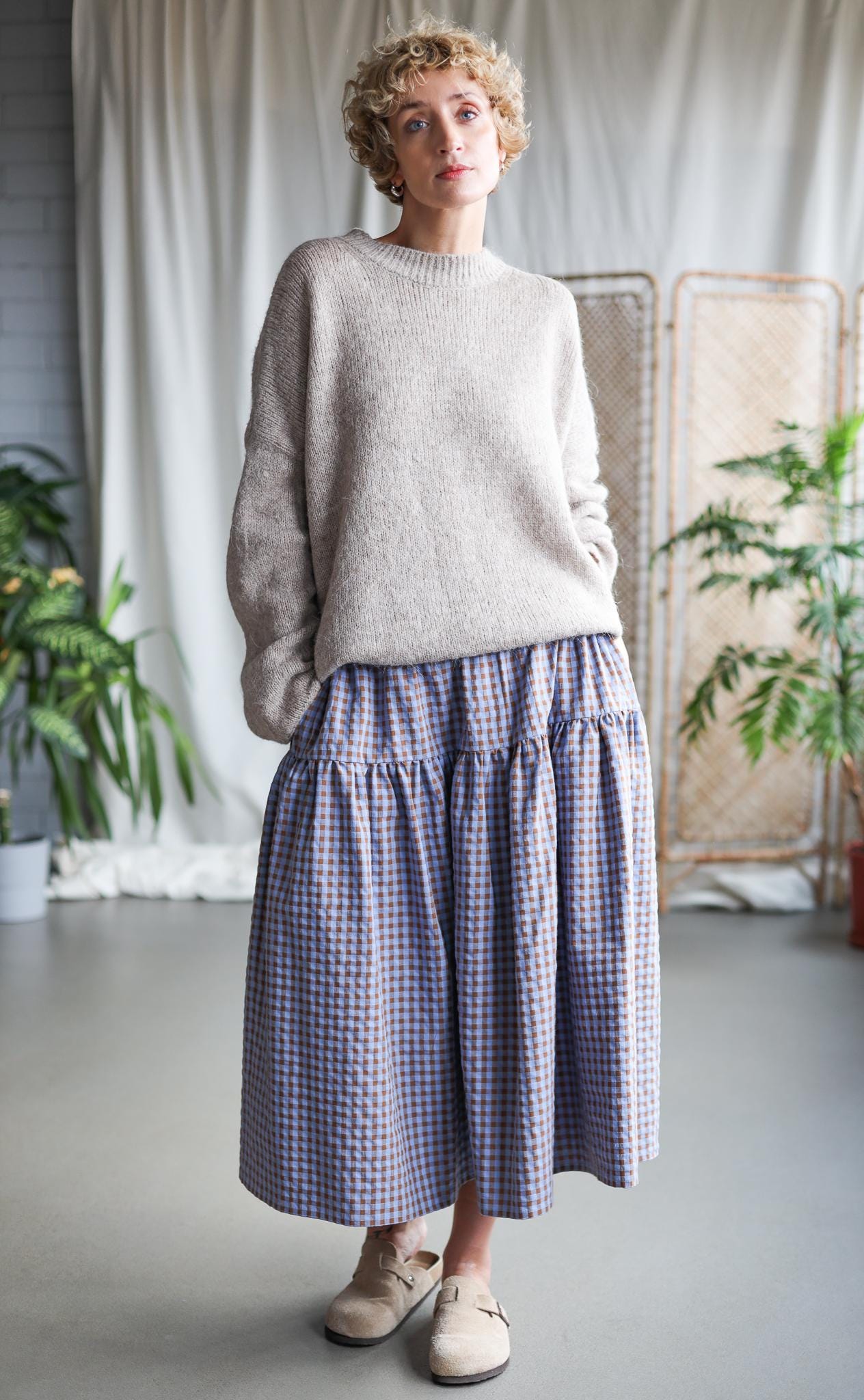 Seersucker Check Elasticated Waist Midi Skirt • OFFON