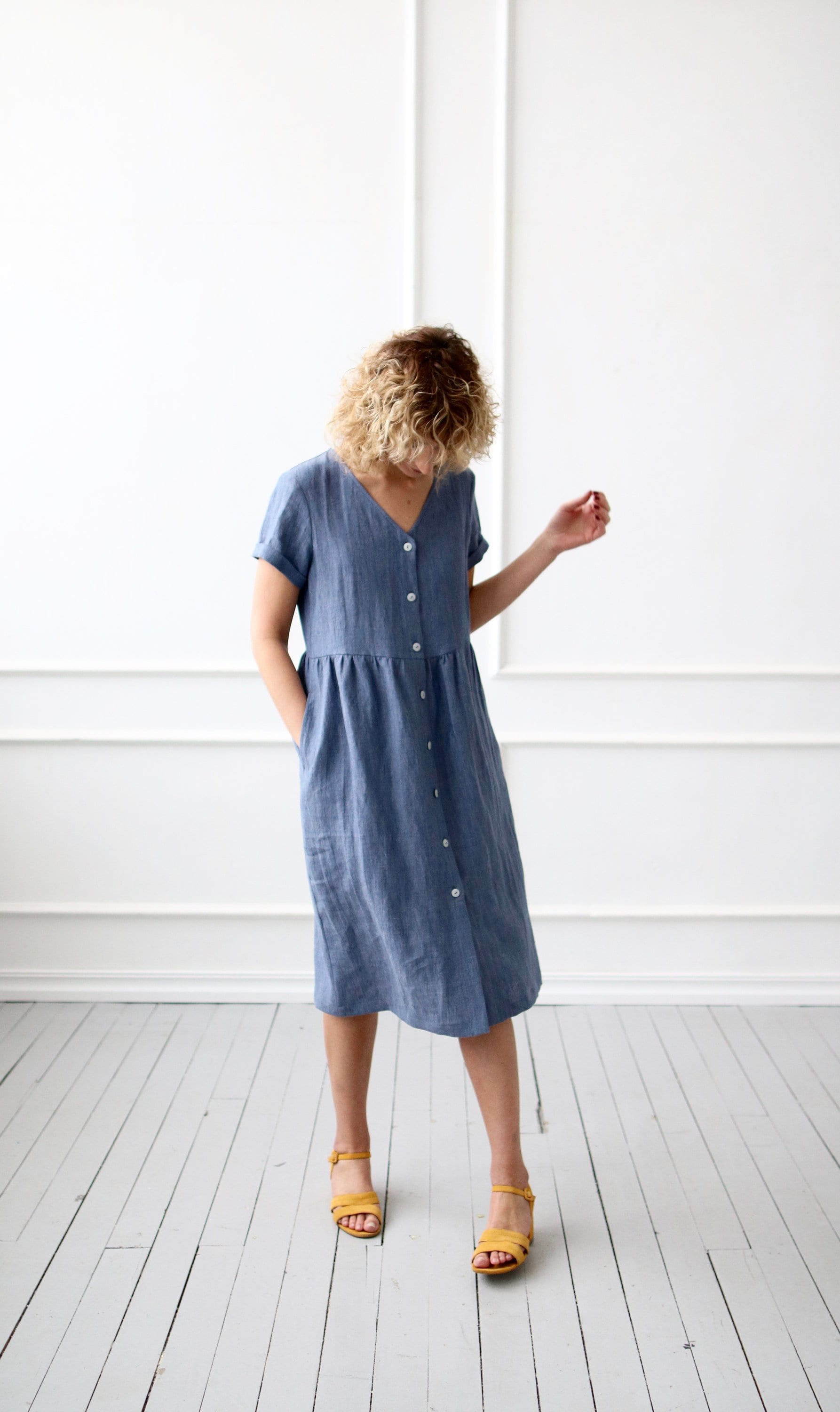 Buy > denim linen dress > in stock