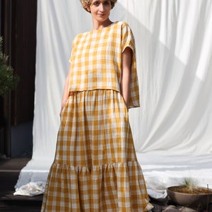 Double gauze mustard checks skirt with elastic waistband OFFON CLOTHING image 8