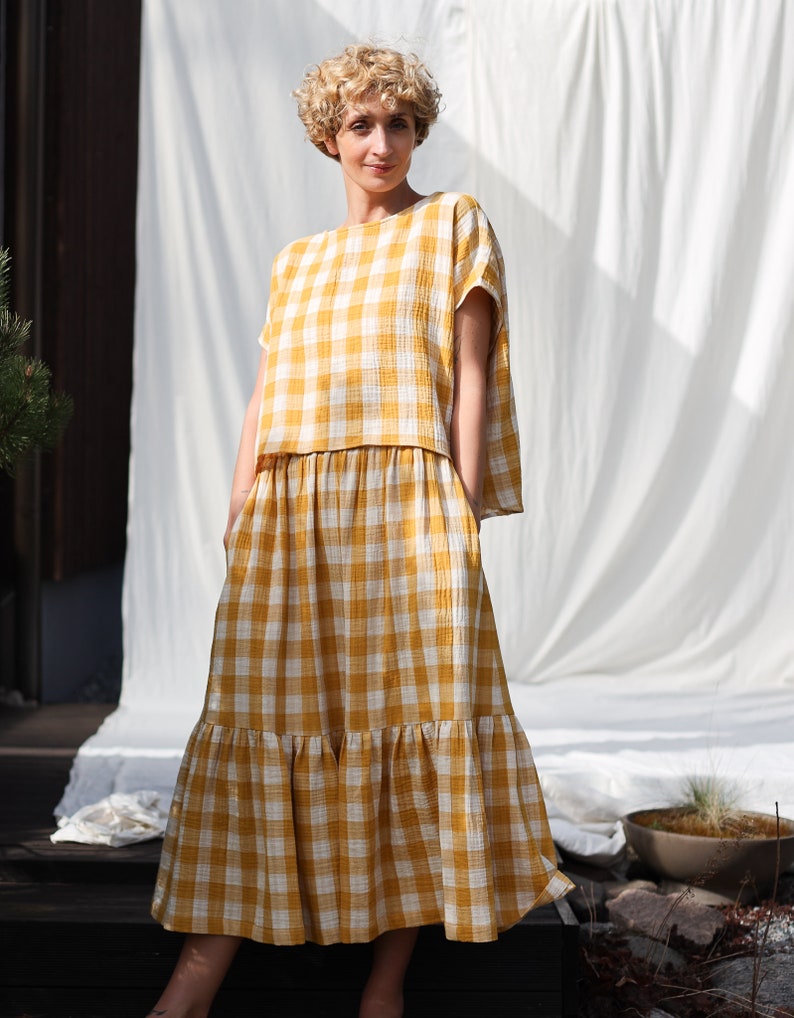 Double gauze mustard checks skirt with elastic waistband OFFON CLOTHING image 8