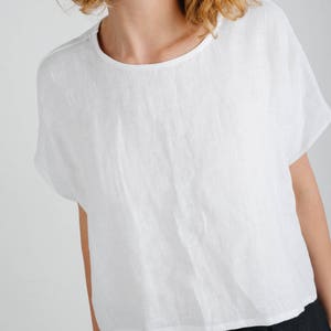 Linen Top White Linen Oversize Fit Top Cropped Hem Top Handmade by OFFON image 3