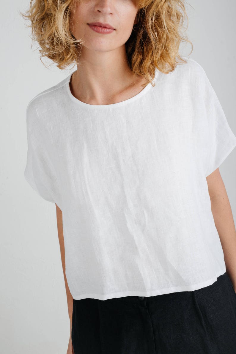 Linen Top White Linen Oversize Fit Top Cropped Hem Top Handmade by OFFON image 3