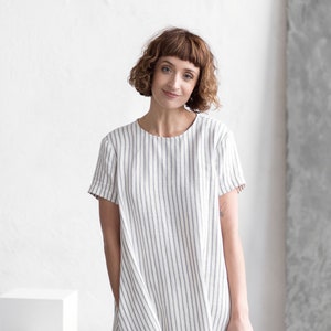 Striped linen dress / Loose linen dress / Short sleeve linen dress Handmade by OFFON CLOTHING image 7