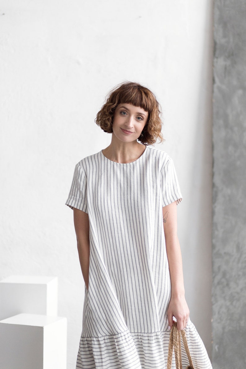 Striped linen dress / Loose linen dress / Short sleeve linen dress Handmade by OFFON CLOTHING image 7
